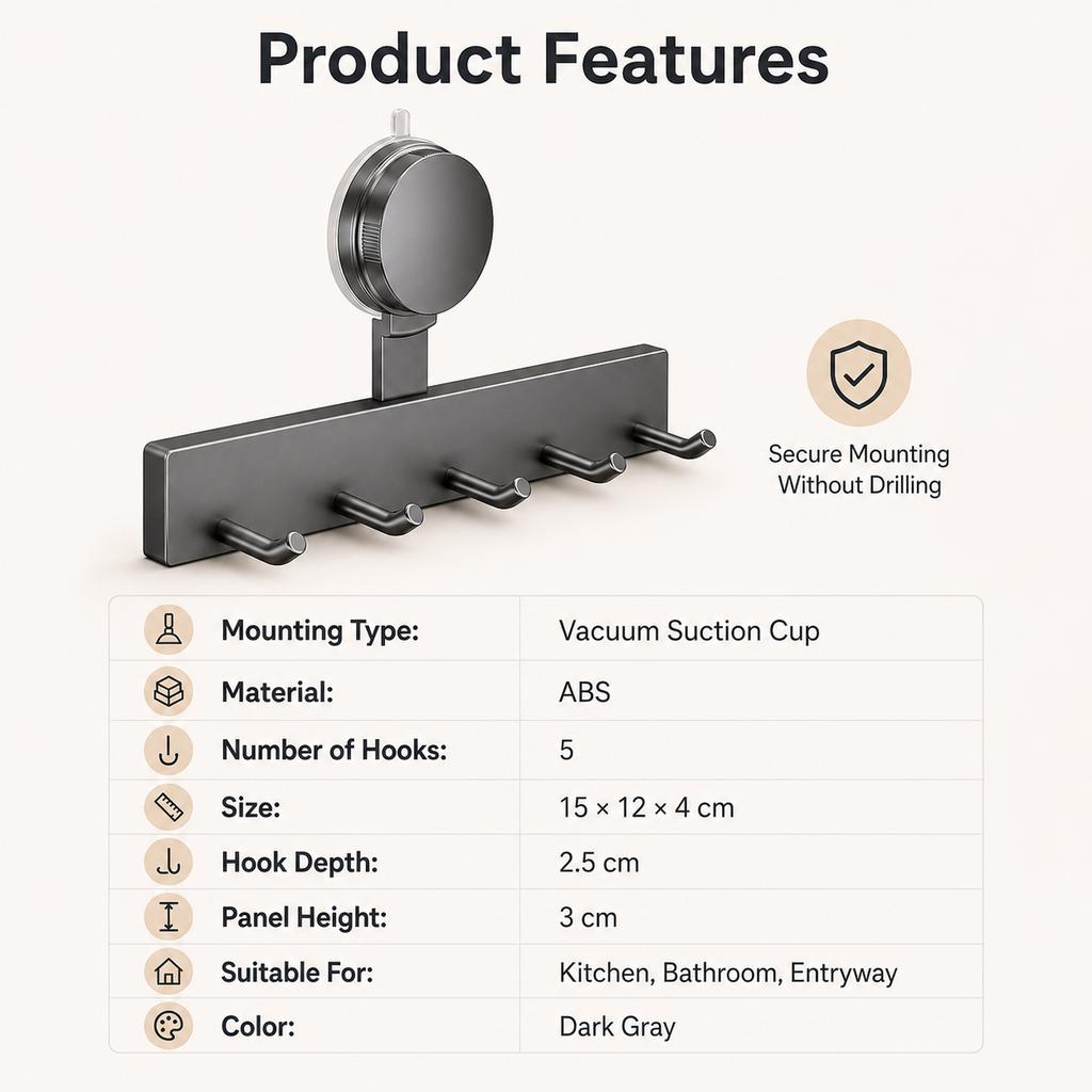 Suction Cup Wall Hook Rack No Drilling ABS Waterproof 3/5 Hooks for Kitchen Bathroom Towel Utensil Storage