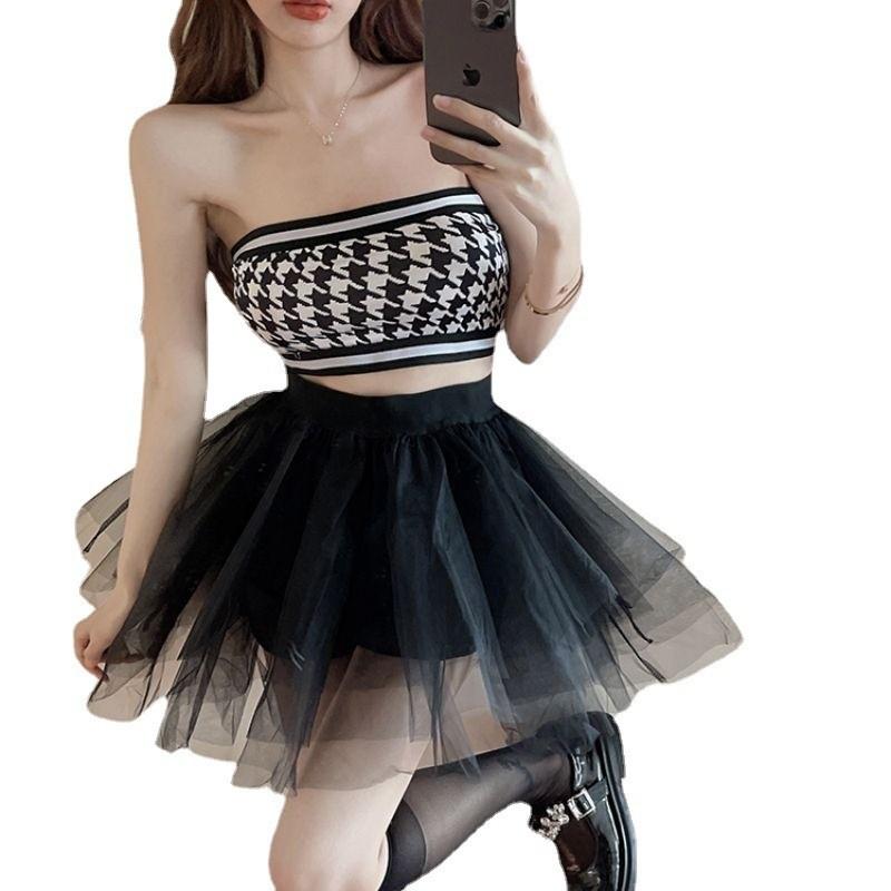 Summer Slim Fit Cotton Plaid Crop Top With Splicing Design For Women