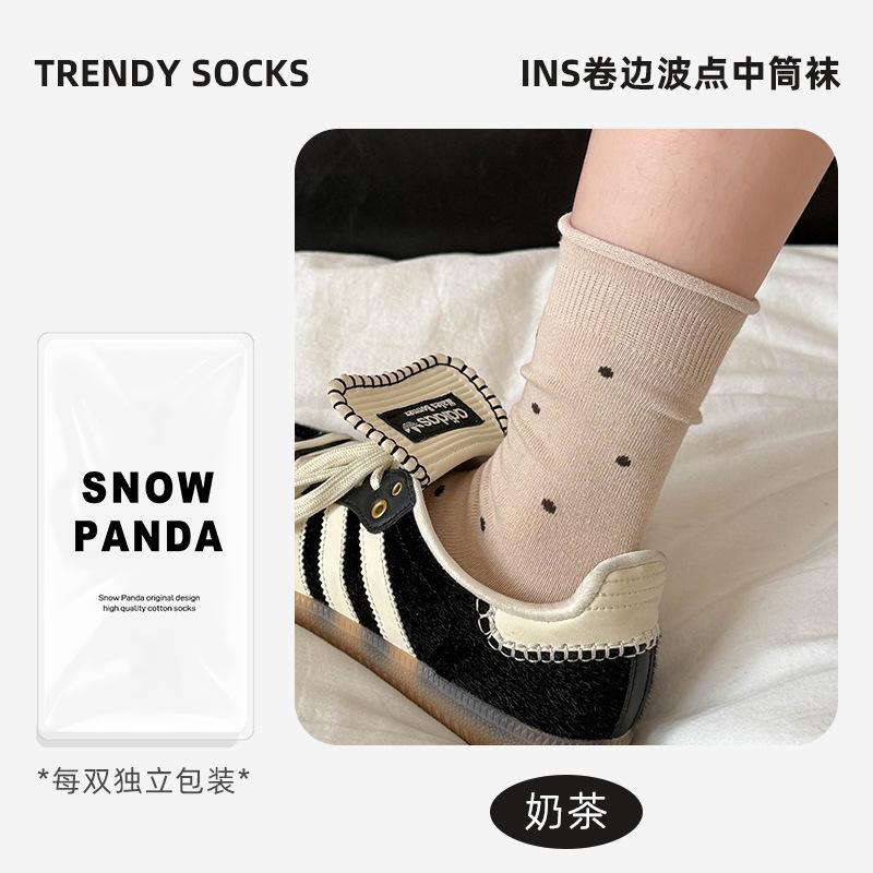 Socks Autumn Sweat-Absorbing And Odor-Proof Cotton Socks Polka Dot Rolled Hem Stacked Socks Mid-Leg Socks Versatile Casual Socks