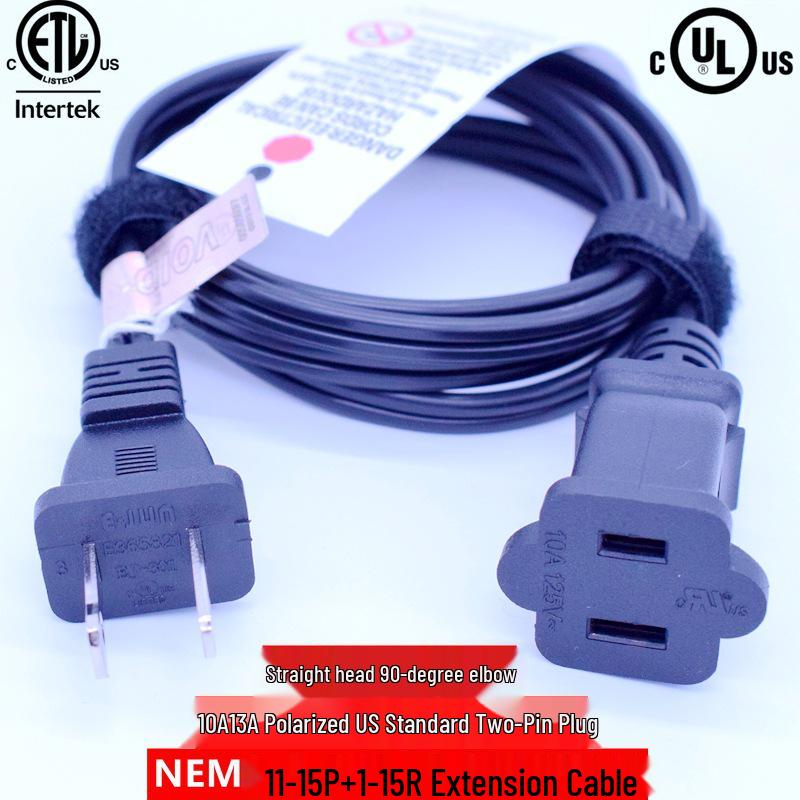 UL Amerikanischer Standard Zwei-Pin Winkel-Verlängerungskabel mit Stecker/Buchse und AC-Steckdose, 10A/13A Kapazität