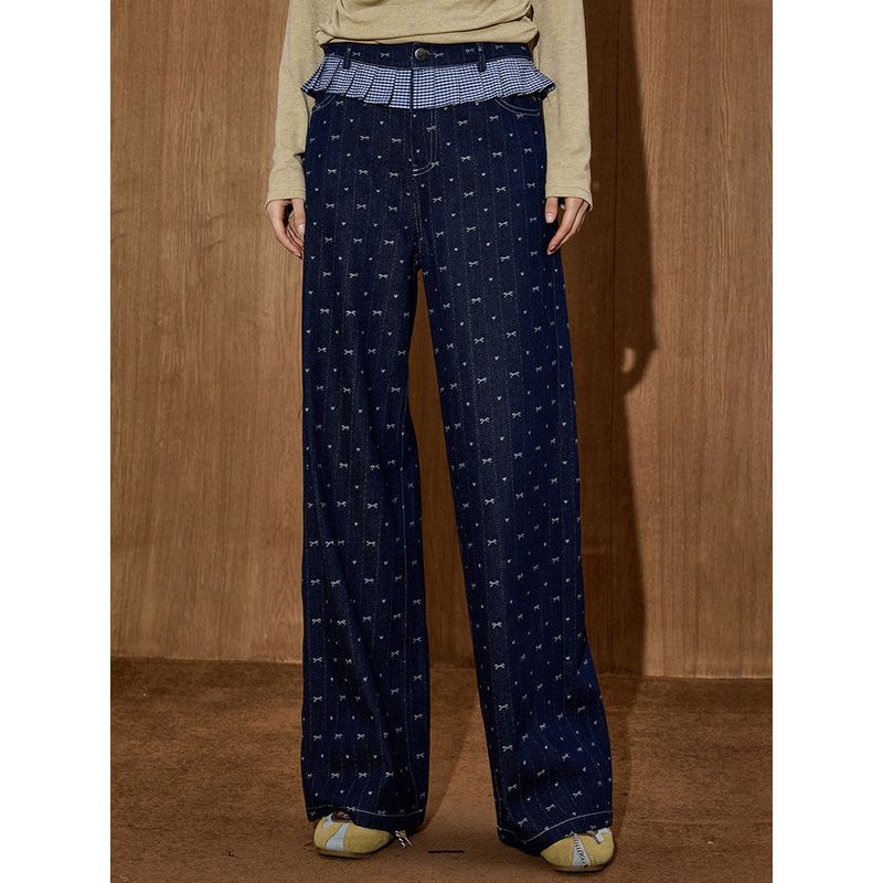 Coolhut Bow Lace Stitching High-Waisted Slimming Wide-Leg Pants Autumn and Winter New Style Draped Women's Jeans