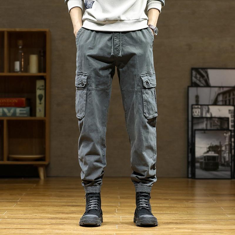 Solid color tied tote overalls men's spring and autumn tide brand pure cotton casual pants men's wear-resistant commuting versatile trousers