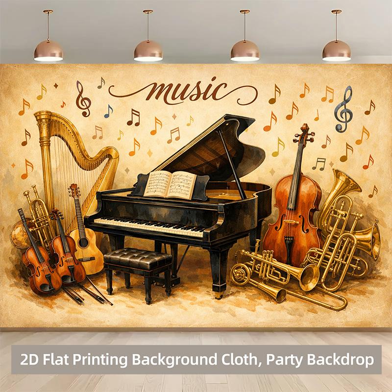 2D, 1 Piece. Collection of Musical Instruments Showcases the Beauty of Music. Polyester Fabric Background Cloth, Party Banner.