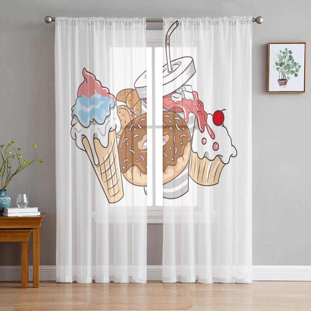 Cartoon Food Ice Cream Cup Sheer Window Curtains for Living Room Bedroom Kitchen Room Chiffon Tulle Curtains Panel