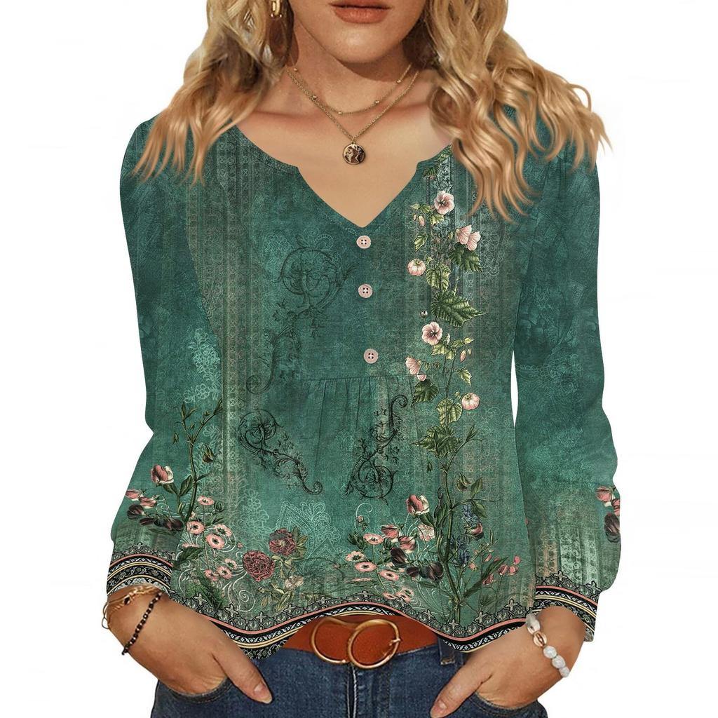 Women's Fashionable Casual V-neck Blouse Button Long-sleeved Pullover T-shirt Top