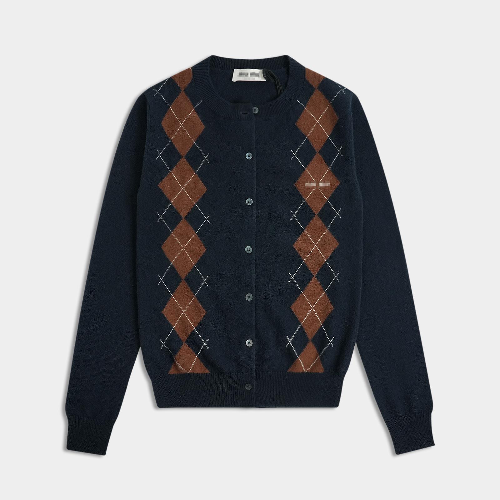 Chose One Miu Miu Dames High-End Argyle Gebreid Vest met Logo en Ronde Hals, Lange Mouw 38 marineblauwe kleur