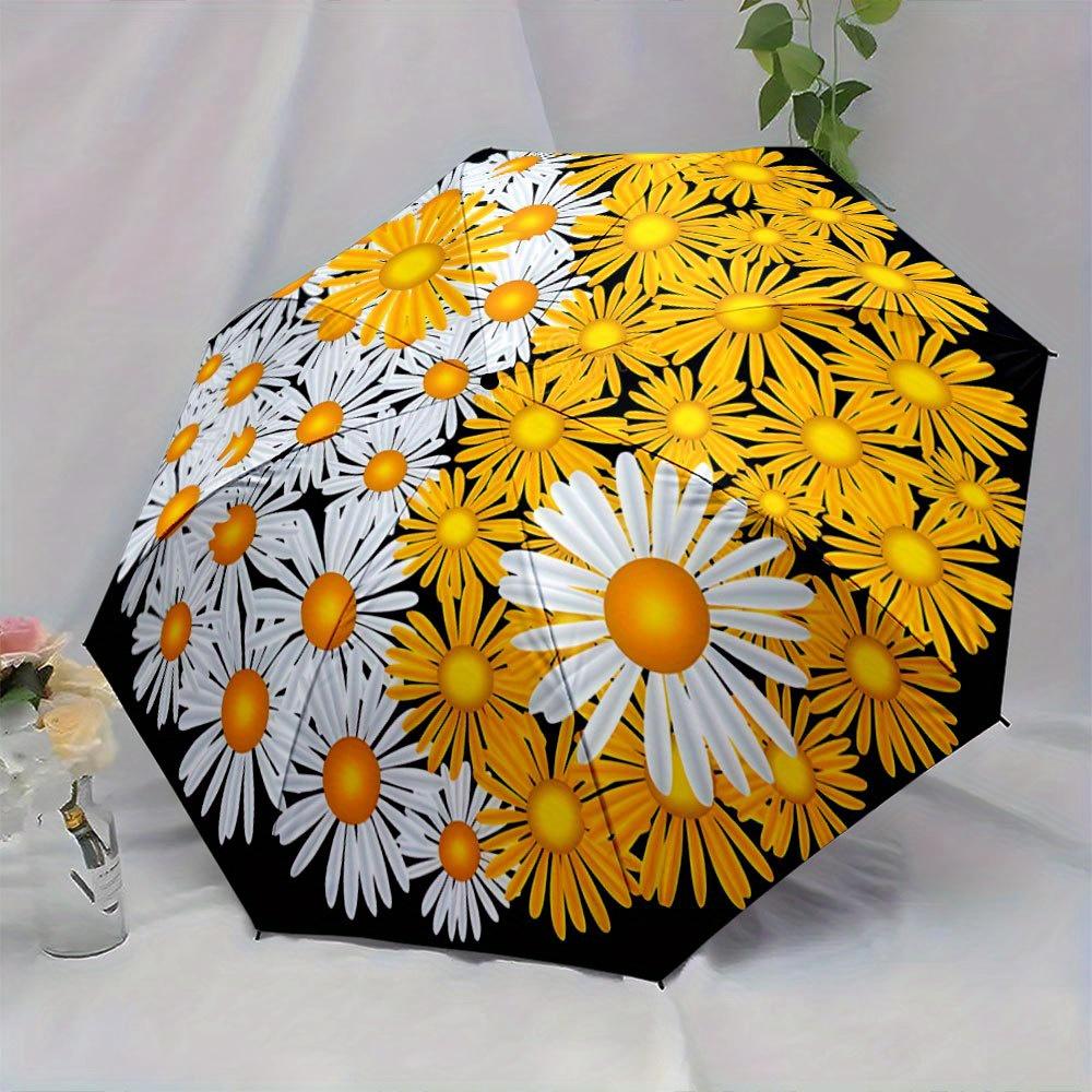 Automatic Open/Close Folding Umbrella with Floral Daisy Pattern - Compact Travel Umbrella, Windproof 8-Rib Shaft, Lightweight