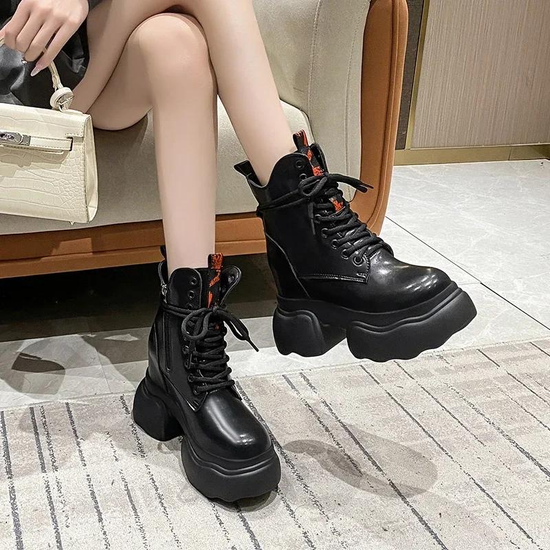 Fashion 11CM Ankle Boots Women Platform Sneakers High Heels Leather Chunky Boots New Autumn Winter Lace Up Motorcycle Boots Botas Mujer