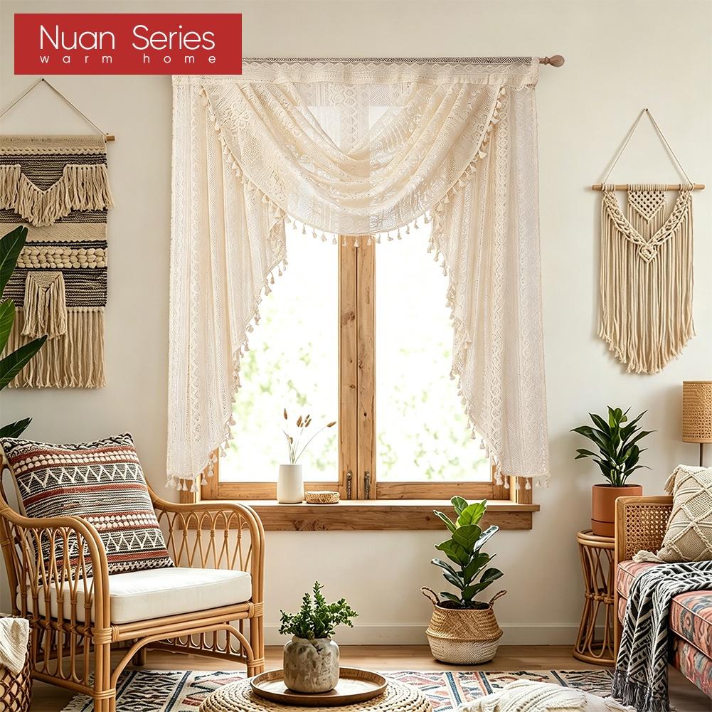 1 PC Nuan Series Lace Tassel Swag Valance,Boho Farmhouse Sheer Curtain Head for Kitchen Bedroom Living Room Window Decoration