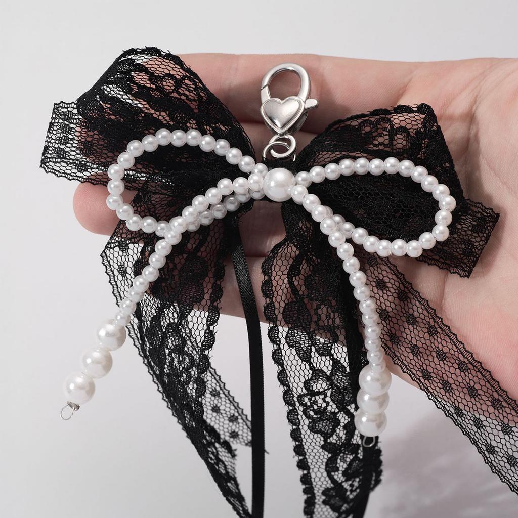 Neuer Schlüsselanhänger mit Schleife aus Leopardenband, Spitze, Imitationsperle, Modedesign, Anhänger, Taschenschlüsselanhänger, Handykette, Hängezubehör