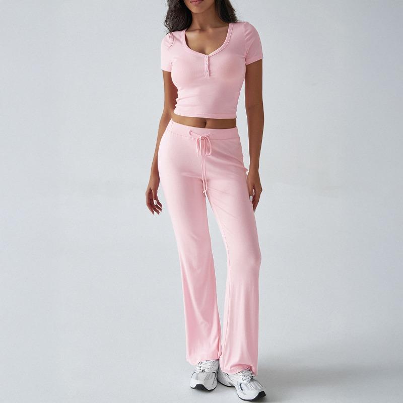 Letní dámské sportovní ležérní tričko s výstřihem do U a kalhoty s pletenými kalhotami ve stylu Y2K