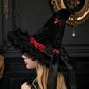 Spooky Festival Accessories Halloween Witch Hat for Women, Large Black Velvet Wizard with Party Favors Mesh Ruffle Brim Adults Costume, Cosplay