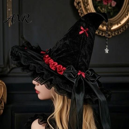 Spooky Festival Accessories Halloween Witch Hat for Women, Large Black Velvet Wizard with Party Favors Mesh Ruffle Brim Adults Costume, Cosplay
