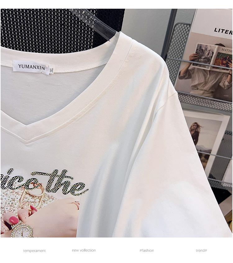 Women's Plus Size V-Neck Short-Sleeve Loose T-Shirt (Mid-Length, 200-350 Jin)