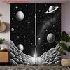 Galaxy Curtains 2pcs – Black and White Planets Stars Print, Astronomical Art Decor for Bedroom Living Room