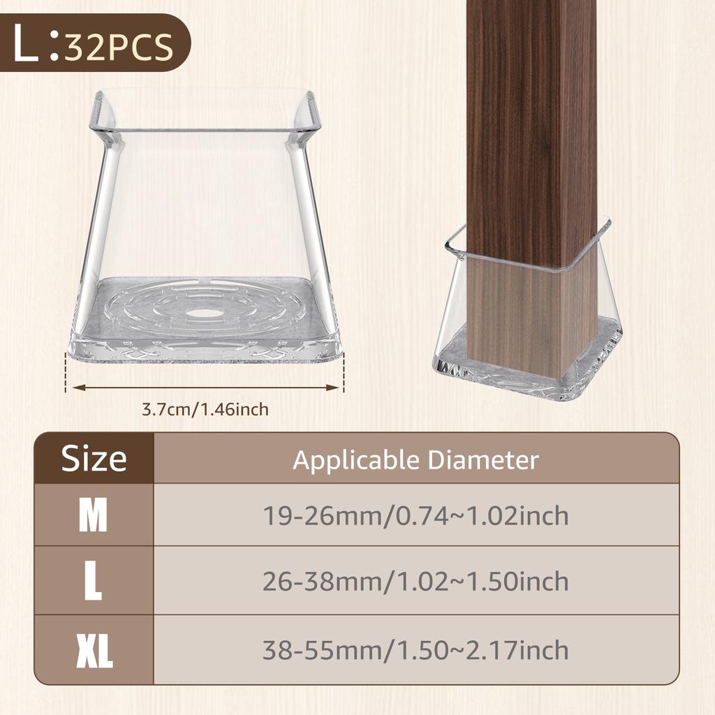 32 Pcs Silicone Chair Leg Floor Protector M/L/XL Anti Slip Furniture Leg Cover with Felt Bottom Square Furniture Feet Protectors