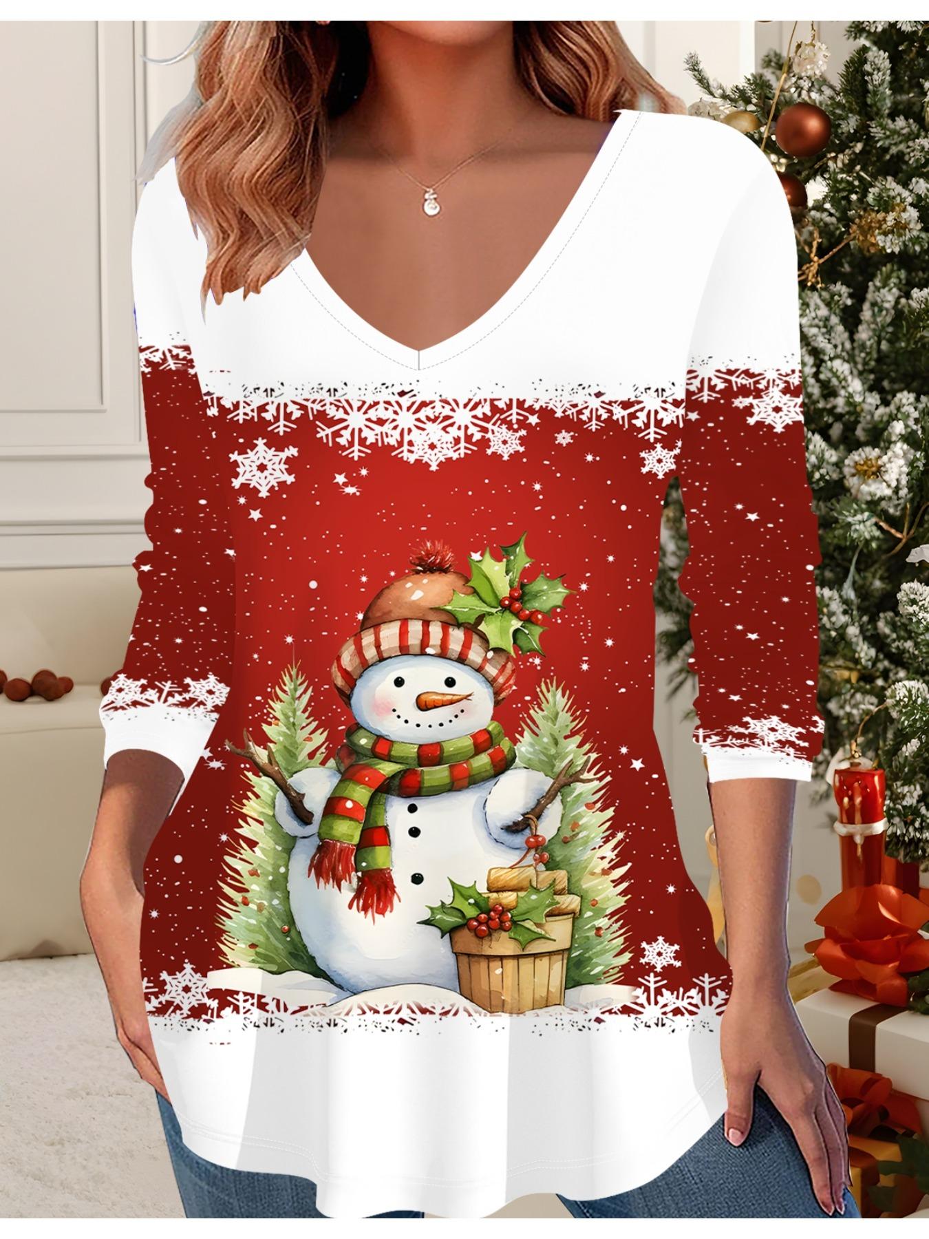 

3D Рождественская Принтованная Модная Повседневная Женская Футболка с V-образным вырезом и длинным рукавом - Одежда для новогодней вечеринки, Праздничный подарок 6XL