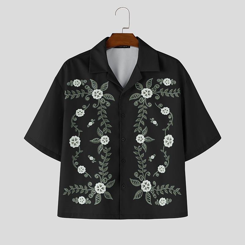 INCERUN Oversized Men Summer Lapel Neck Short Sleeve Buttons Up Floral Print Casual Shirts 5XL чёрный