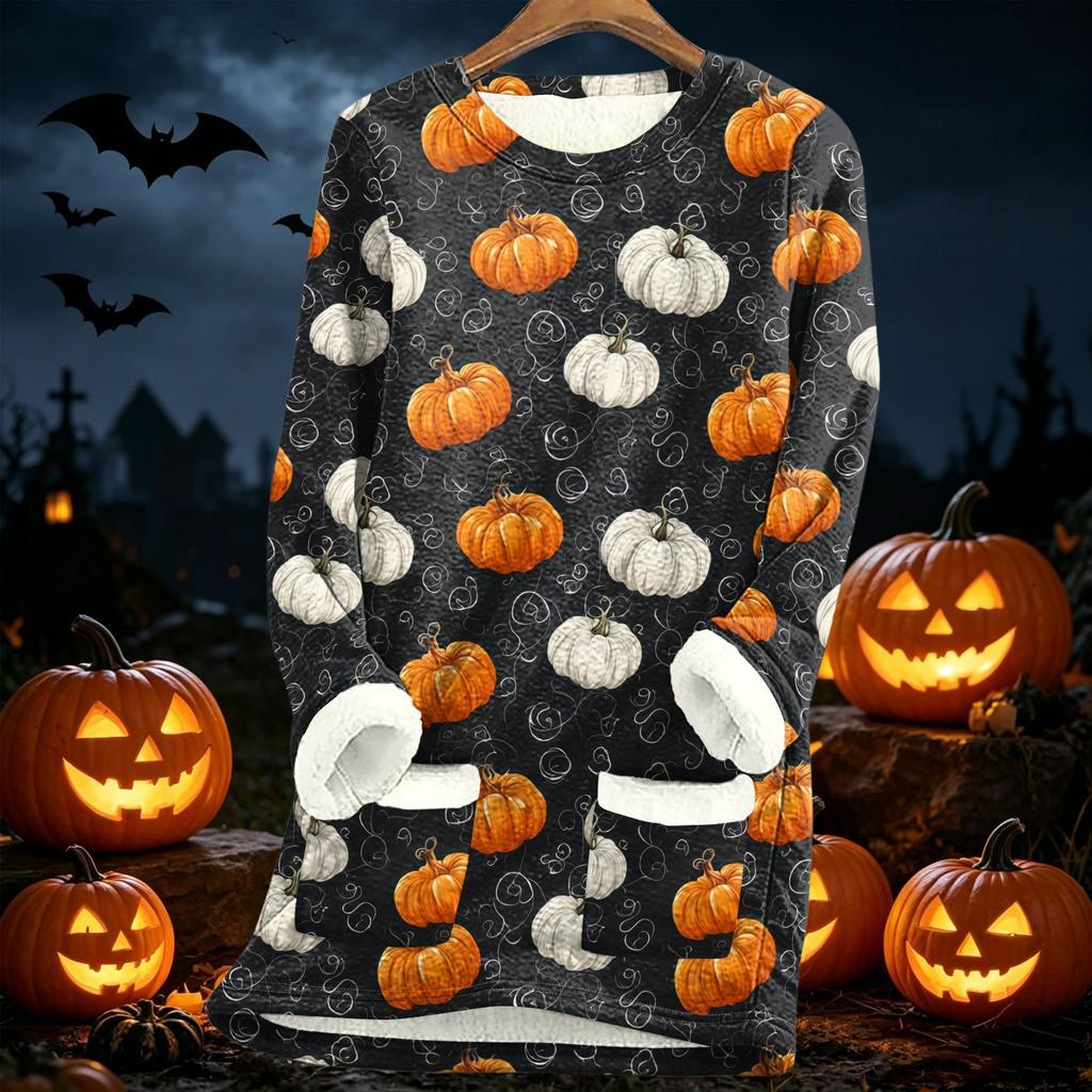 Women Long Sleeve Fleece Lined Tunic Sweater Dress with Halloween Print Soft Warm Thickened Sherpa Pullover for Autumn Winter