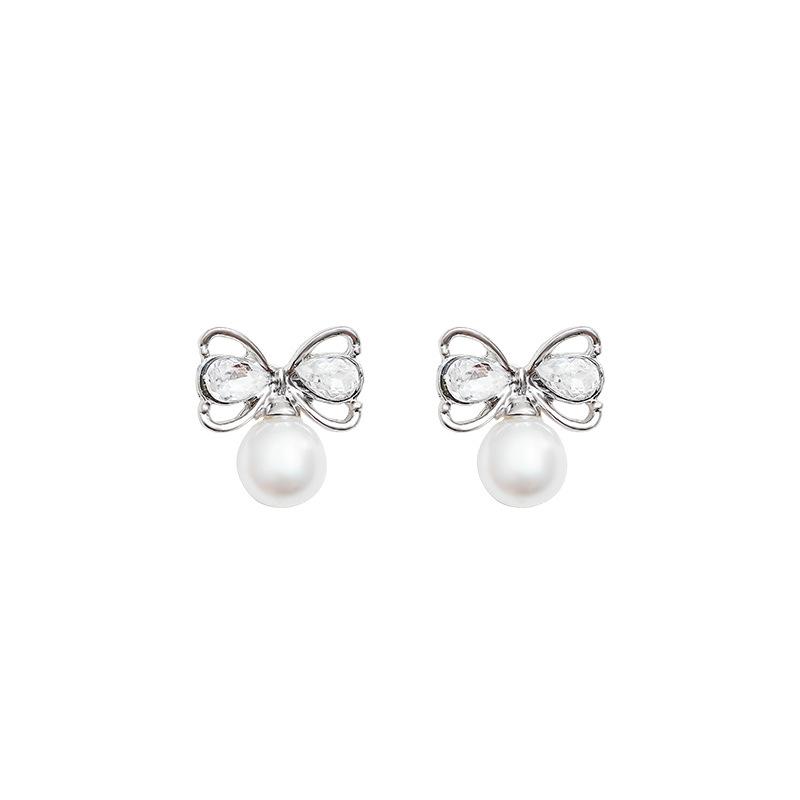 925 silver needle bow pearl stud earrings women's light luxury niche temperament flash diamond earrings ins wind sweet earrings