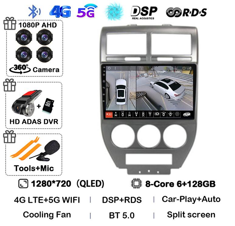 Android 14 Auto 4G+WIFI For Dodge Caliber Jeep Compass 1 MK Patriot 2006 - 2010 Car Radio Multimedia Video Player GPS 360 Camera