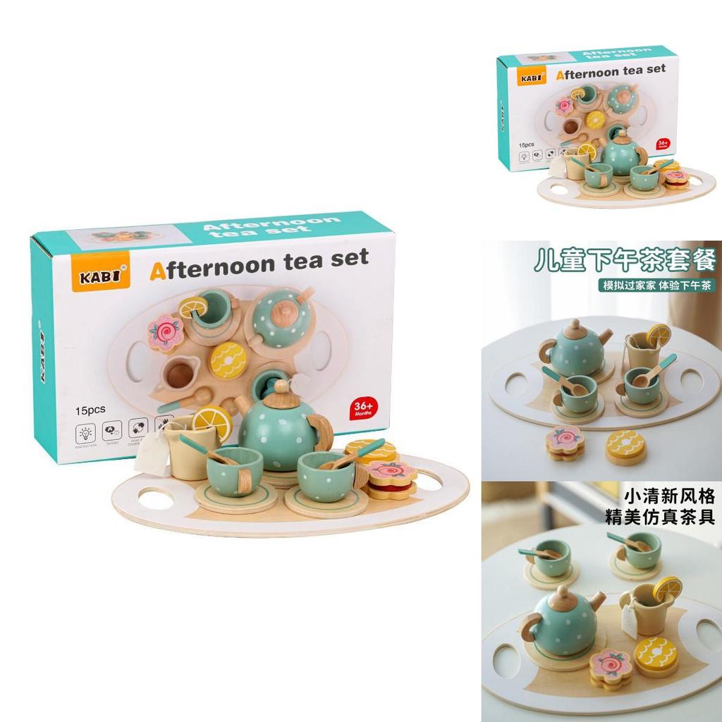 Children Pretend Play Tea Set With Wooden Pots And Cakes For Imaginative Kitchen Play