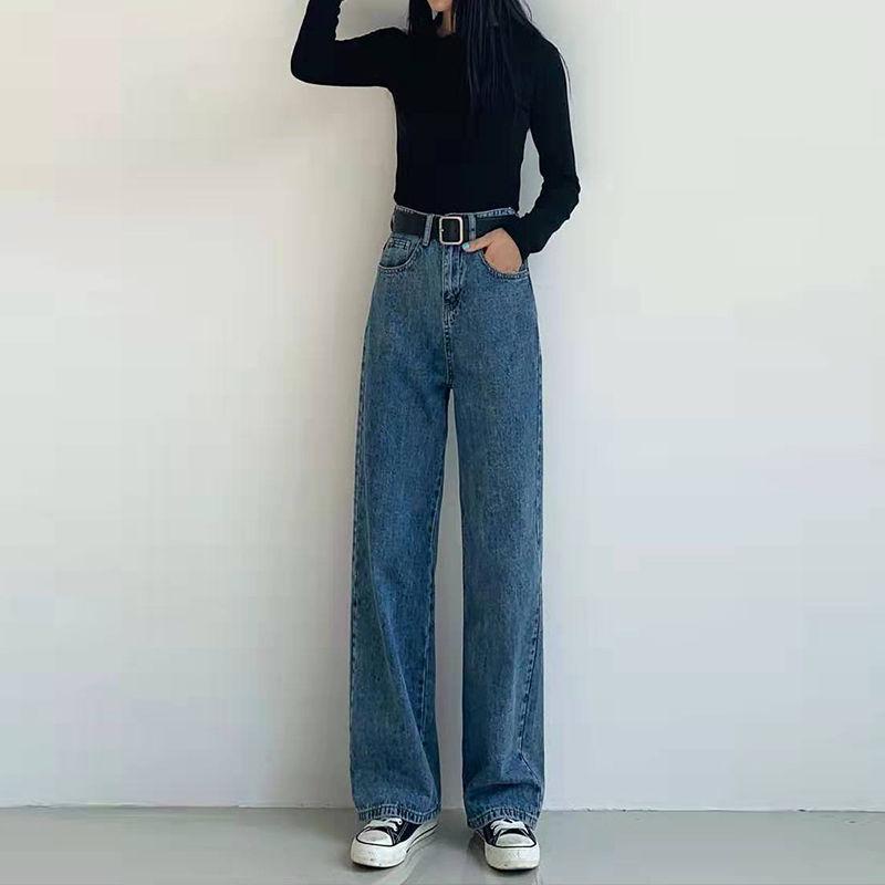 

Women s Black-Grey High-Waisted Loose Fit Denim Jeans - 2021 BF Style, Slimming Straight Wide-Leg, Floor-Length for Autumn Small