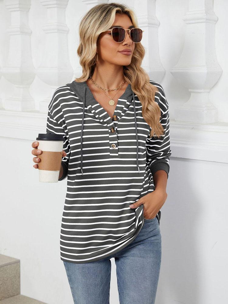 Elegant and Fashionable Fall and Winter Comfortable Hooded Button Drawstring Casual Long Sleeve Sweatshirt Top Pullover Hoodies