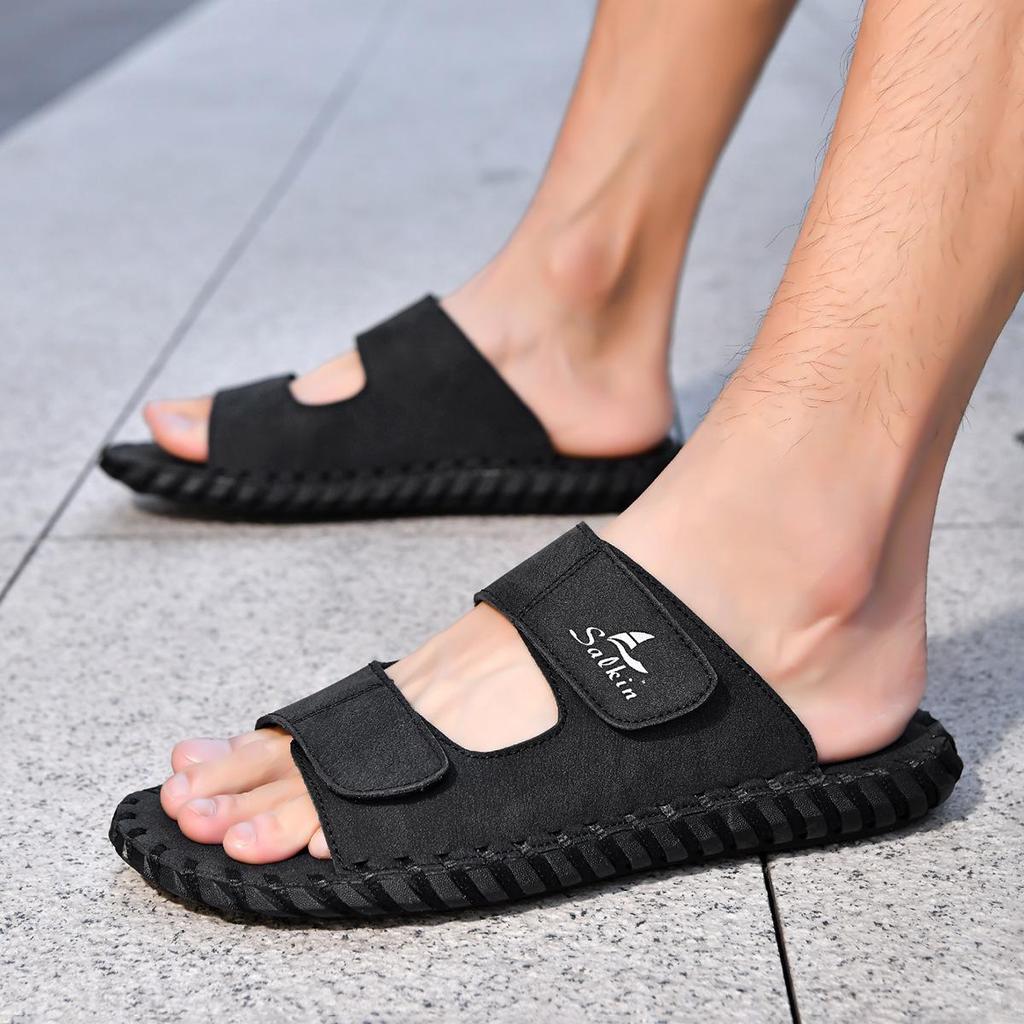 Summer 2026 Men's Large Leather Outdoor Beach Slippers, Size 48