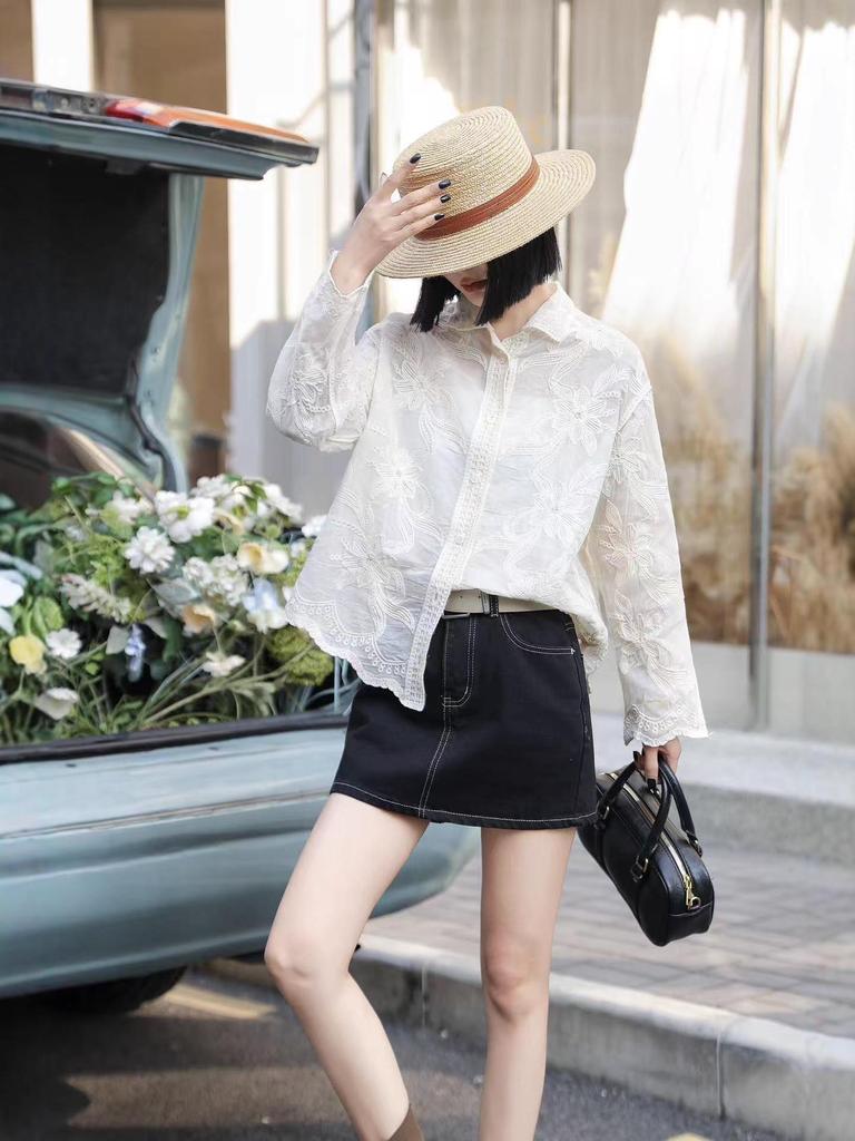 Korean Style Casual Embroidered Long Sleeve Shirt with Irregular Polo Collar