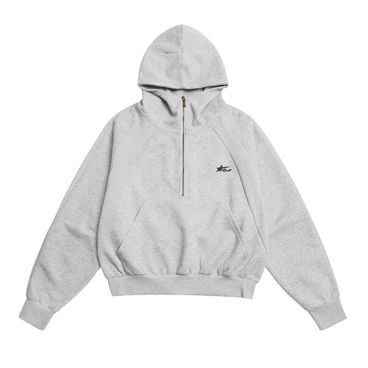 Men s spring and summer new American retro trendy brand hoodie design semi-open neck hooded sweater M серый