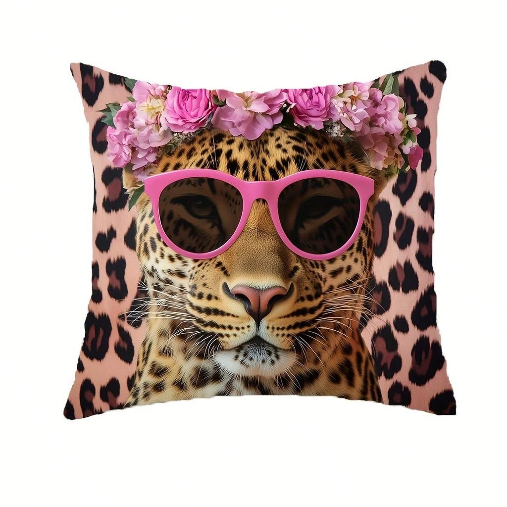 1Pc Leopard Print Pillow Cover, Polyester 2D Double-Sided Print, Funny Sunglasses Leopard Cushion Case, Decorative Throw Pillow