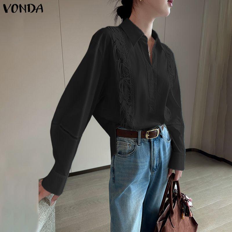 VONDA Women Casual Lapel Neck Crochet Lace Splice Long Sleeve Blouse Shirts