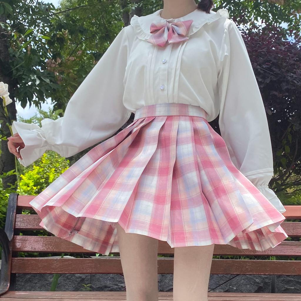 Markenloses Damen Cosplay Mode Outfit, Größe XL, Rosa Anime Rundkragen Chiffonbluse und Rock mit Schleife
