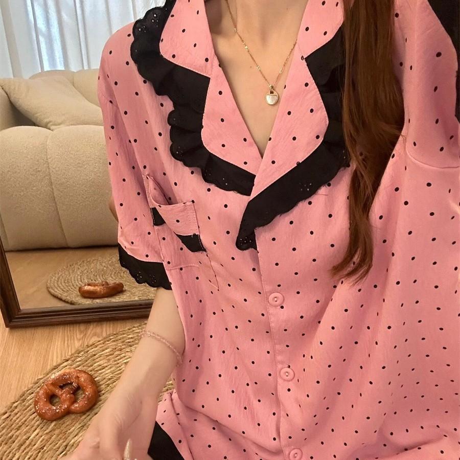 Korean high-end polka dot simple girl pajamas summer black lace short-sleeved shorts two-piece loungewear