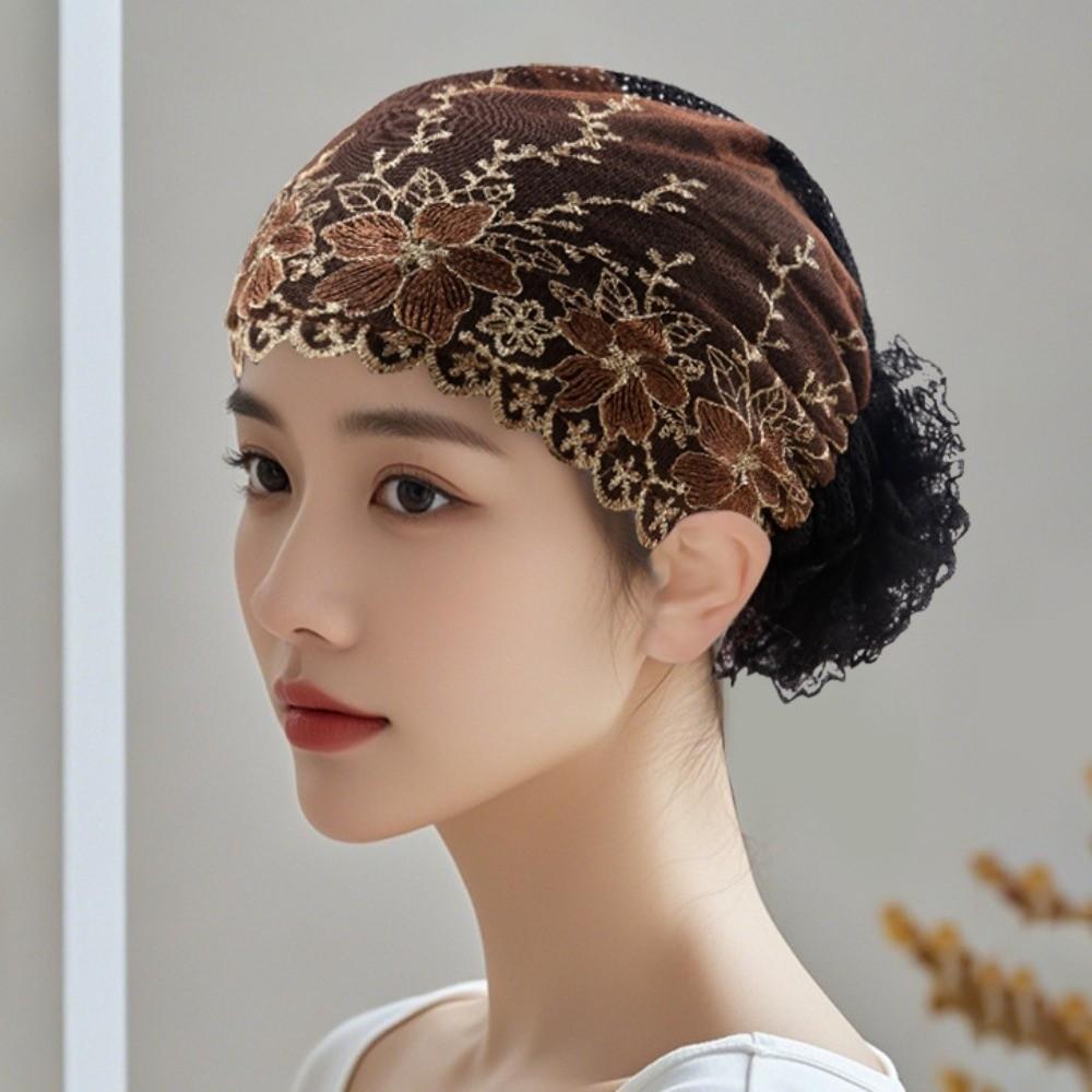 Soft Elastic Curly Hair Hat Embroidered Flowers Elderly Beauty Cap  All-match