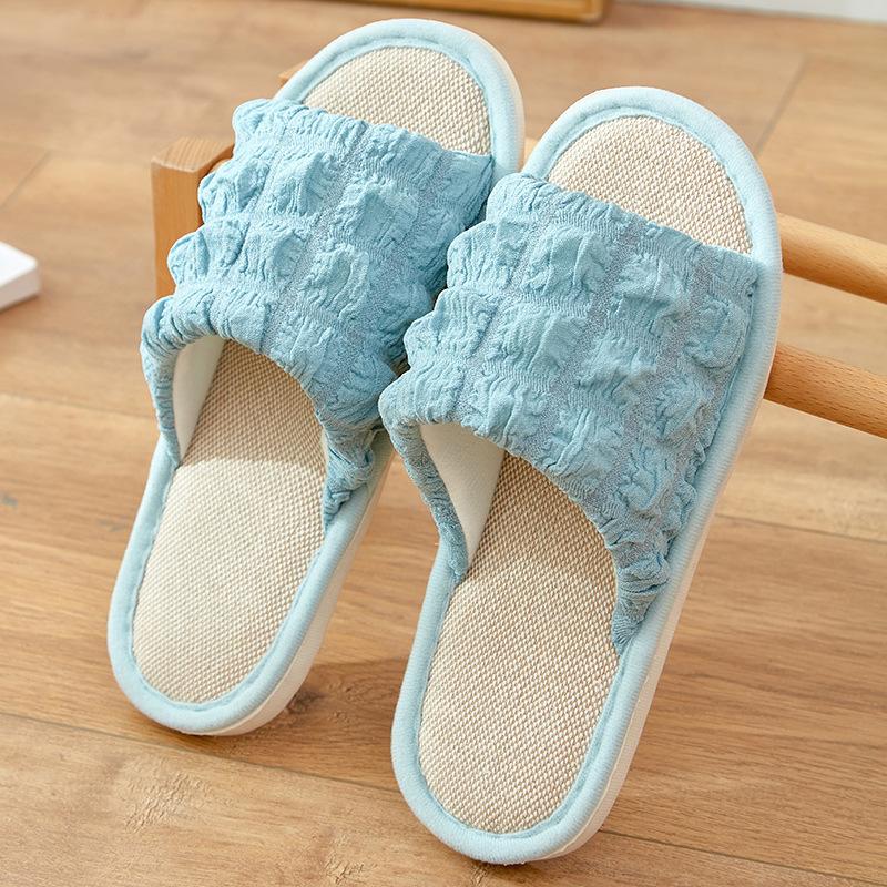 Four seasons linen slippers women's puffs summer cute home indoor non-slip silent sweat-absorbing spring and autumn cotton and linen sandals women