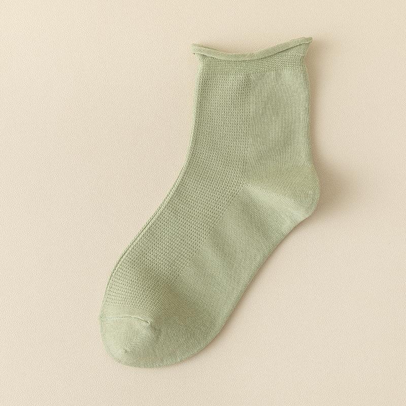 Female Spring and Autumn Solid Color Curled Loose Mouth Mesh College Wind Yuezi Tube Cotton Socks