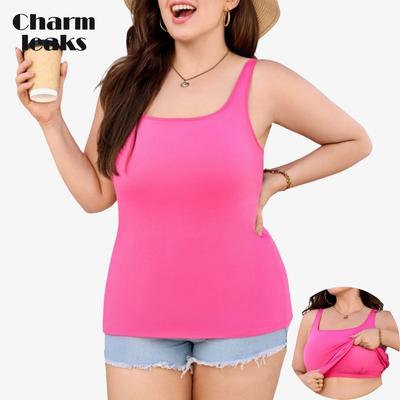 Plus Size Tank Top with Built-in Bra Scoop Neck Camisole Tops for Women Casual Cotton Cami Shirts