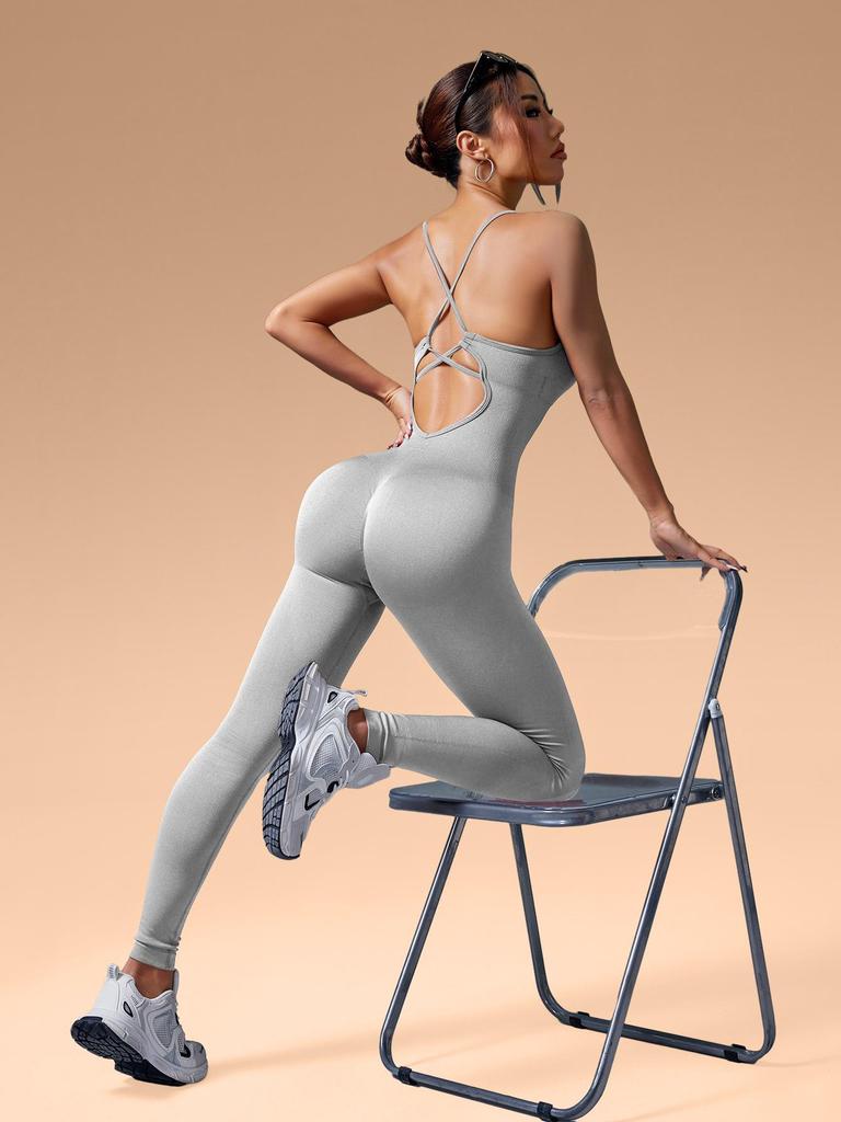 Women's Seamless Cross-Back Jumpsuit with Adjustable Straps for Fitness and Dance