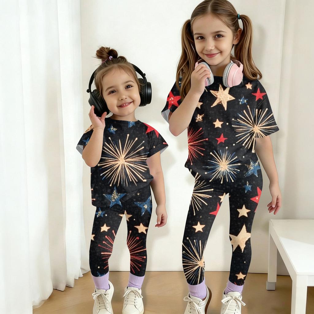 Jungen und Mädchen Unabhängigkeitstag Druck Set Kinder Freizeit Kurzarm Oberteil und Lange Hosen Set