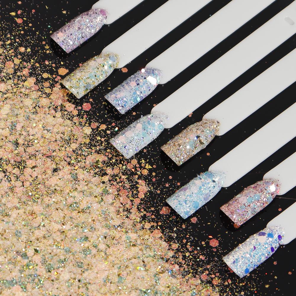 50g/sáček Mořská panna Šestiúhelníkové třpytivé vločky 3D flitry Třpytivé duhové Smíšené flitry Plátky Paillette DIY Nail Art Decoratio