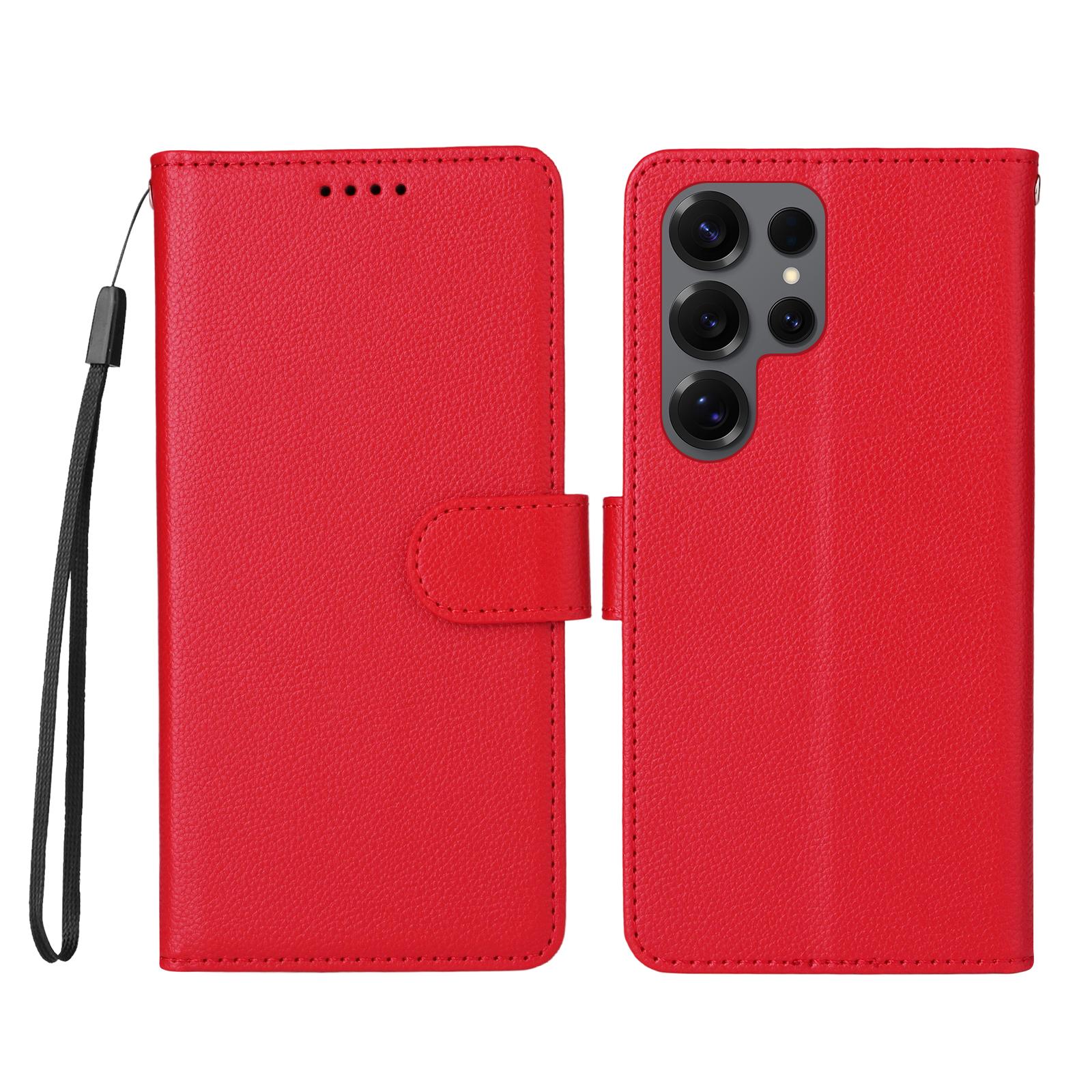 

For Samsung Galaxy S25 Ultra Case RFID Blocking 3 Card Slots PU Leather Phone Cover with Wrist Strap Red