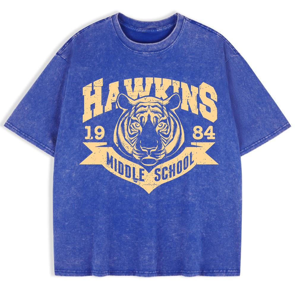 Hawkins Middle School 1984 Prints Washed T-Shirt Mens Cotton Short Sleeve Tops Street O-Neck Oversize T Shirt Clothes