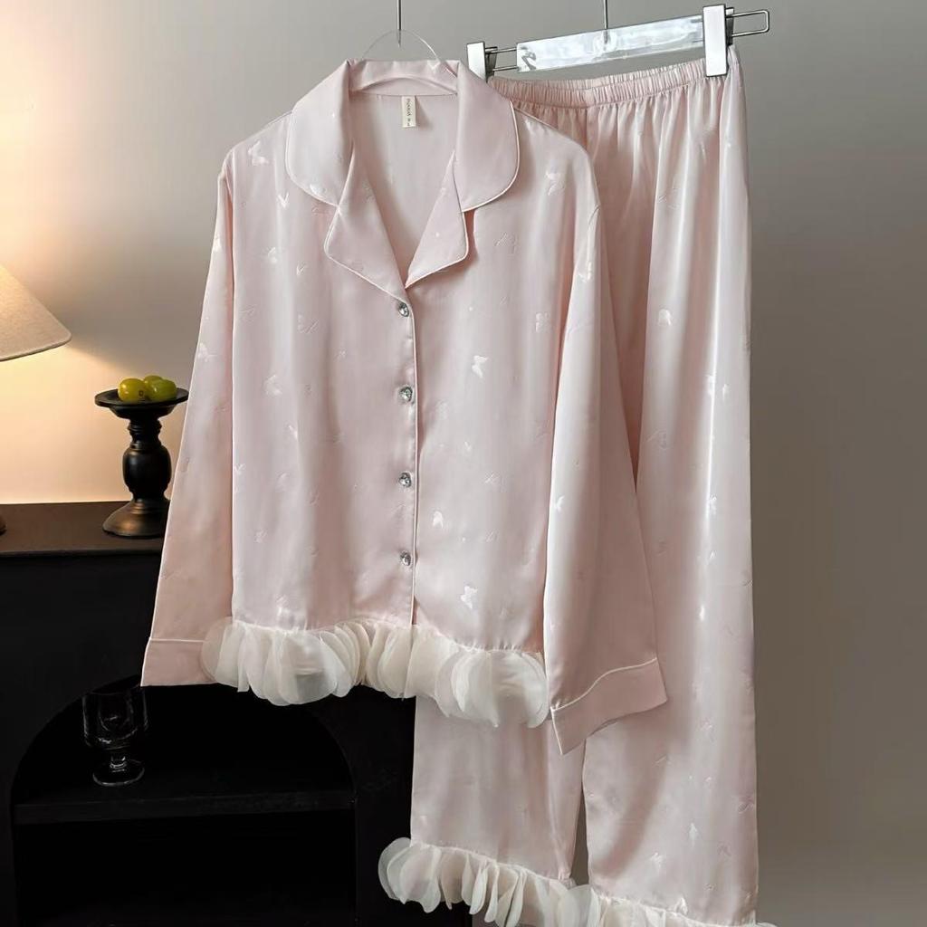 Set de pijama de vară pentru femei din mătase de gheață, maiou cu plăcuțe pentru piept - Set de 4 piese cu mânecă lungă pentru acasă