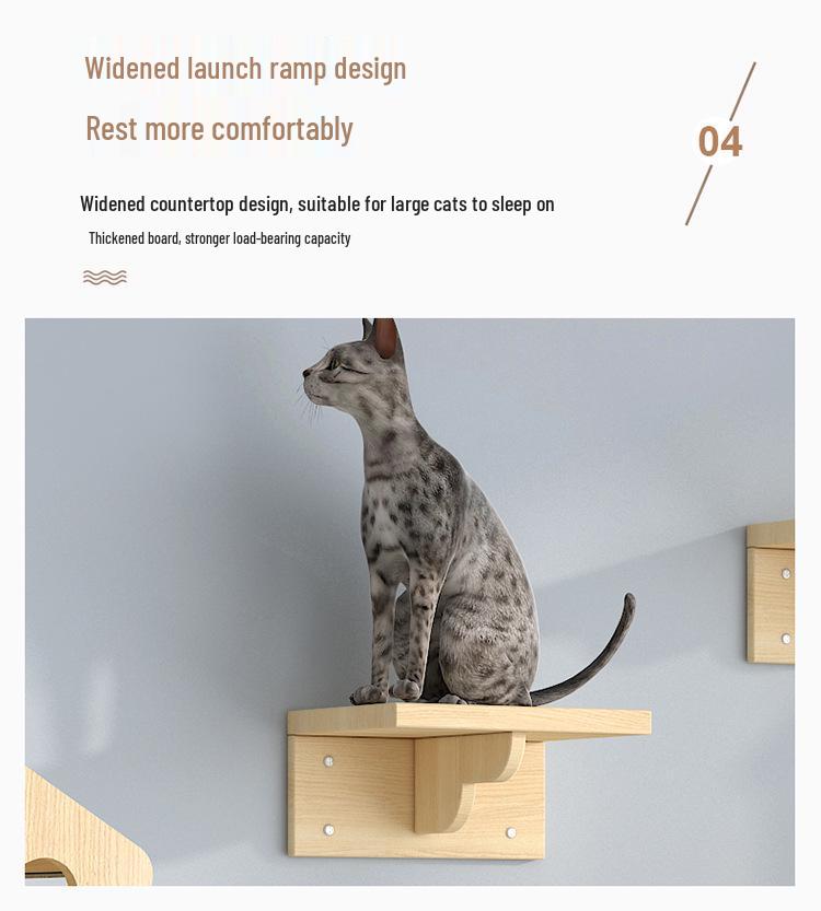 Wall-Mounted Solid Wood Cat Tree with Scratching Board and Jumping Platform