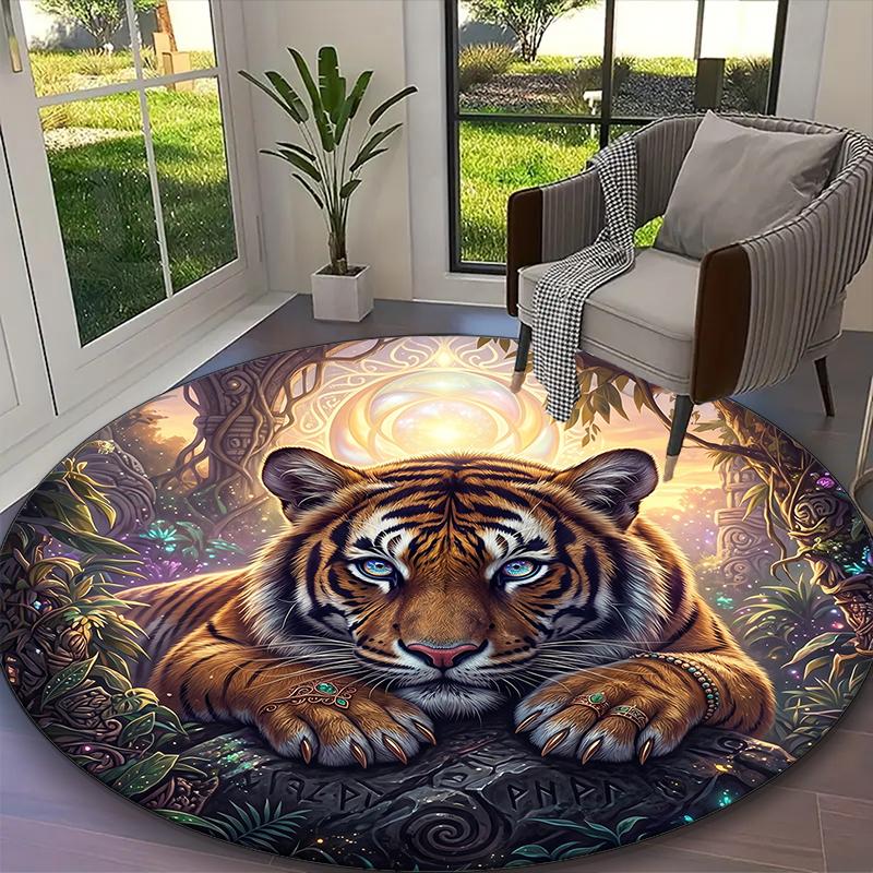 1pc Office Carpet, Stylish Tiger Chair Rug, Living Room Printed Round Rug, Home Chair Floor Mat
