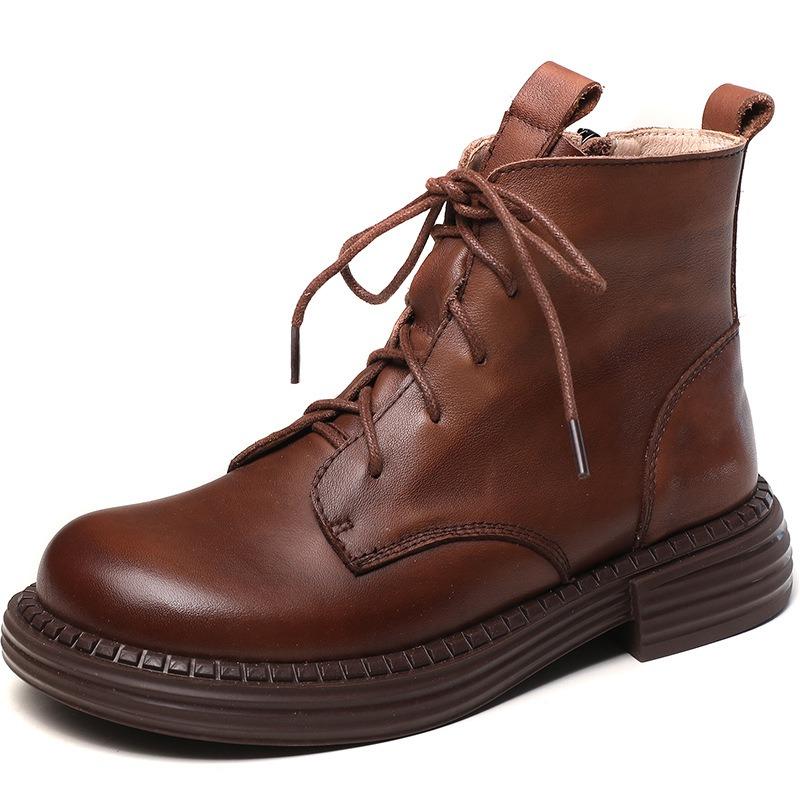 Winter Warm Boots Women Lace-Up Round Toe Flat Ankle Boots Handmade Retro Real Cowhide Side Zipper Plush Cotton Shoes