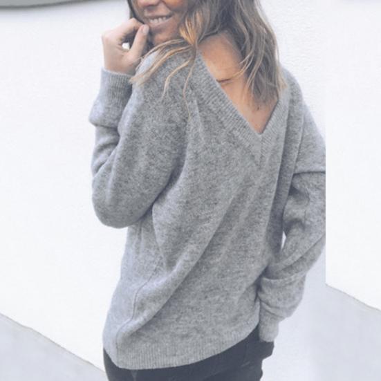 Winter Chic Lady Solid Color V Neck Long Sleeve Casual Pullover Knitted Blouse