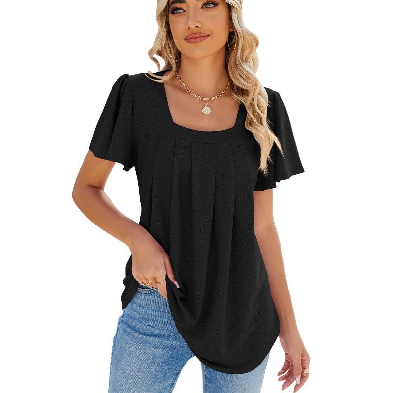 Spring Summer Solid Color Square Neck Pleated Short Sleeved Loose T-shirt Top for Women Shirt